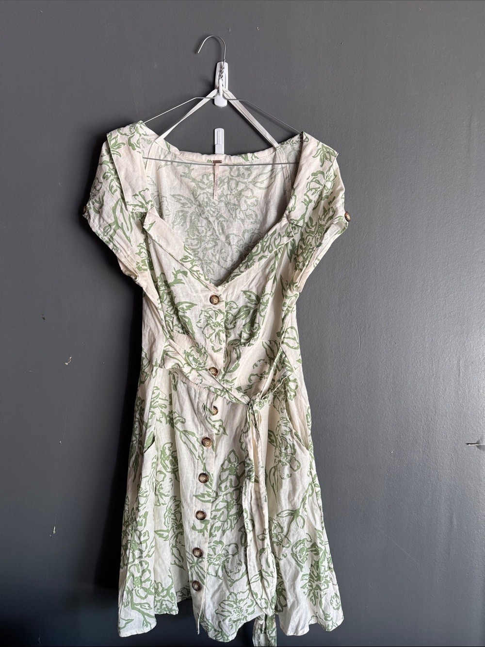 Free People Light Cream & Green Floral Button-Front Wrap Dress